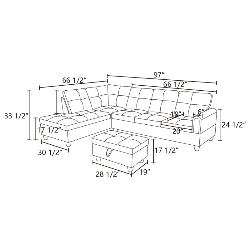 Ador Upholstered L-Shaped Sectional, Gray Linen Blend, Left Hand Facing