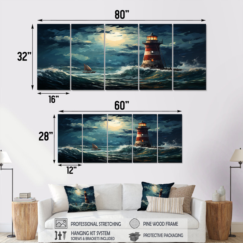 Phare de la mer orageuse I - Phares, art mural 5 pièces, H 32 po x l 80 po