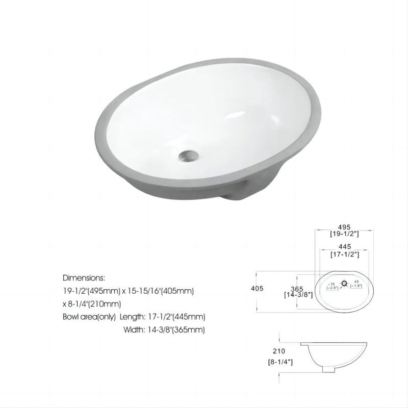 Topcraft White Ceramic Oval Undermount Bathroom Sink