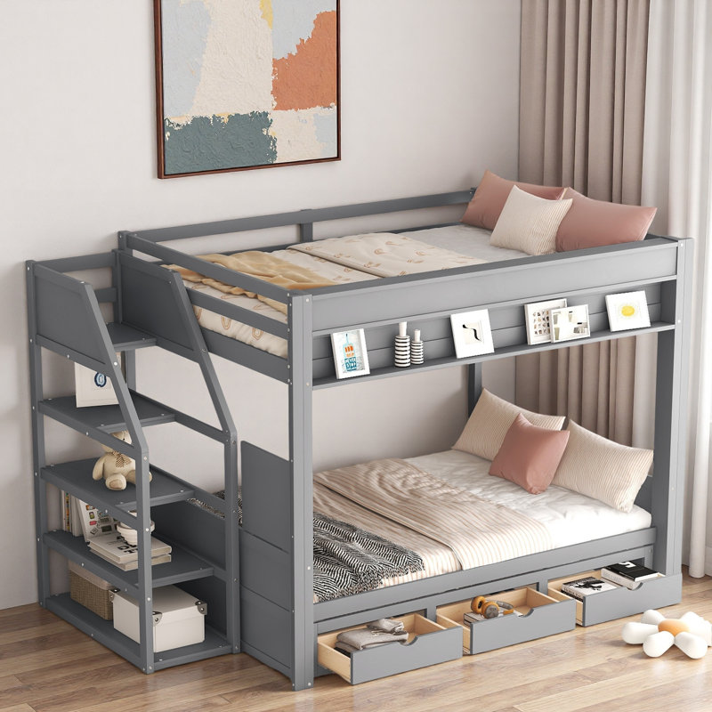 Convertible Bunk Bed With Storage Staircase, Bedside Table And 3 Drawers, Grey