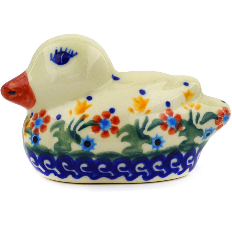 Figurine de canard de fleurs à ressorts en céramique poli