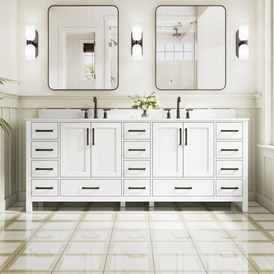 Freestanding 84" W x 35" H Solid Wood Bathroom Vanity With Carrara White Cultured Marble Countertop And Ceramic Double Sink,White