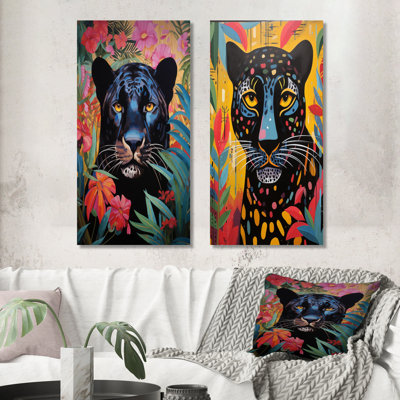 «Black Panther in Colorful Jungle Landscape III», ensemble de 2 reproductions d'art murales en métal surdimensionnées