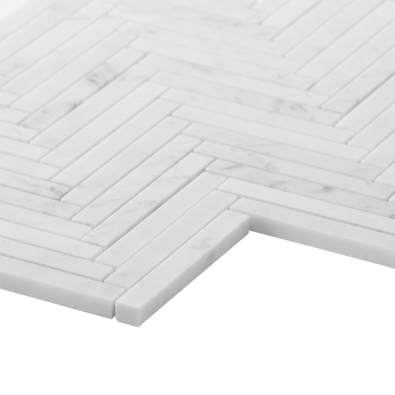 Carrara 1x6 Stacked Honed Marble Mosaic Floor and Wall Tile, 0.47" W x 3.85" L, Honed, Herringbone / Chevron