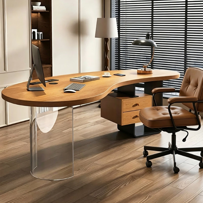Bureau sculptural moderne de style milieu du siècle, 62,99 po, en pin massif avec plateau incurvé, pieds en acier et acrylique transparent
