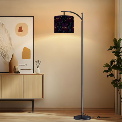 Gothic Arc Floor Lamp with Adjustable Lampshade Gothic Iris Flowers Crescent Moons Black Standing Lamp 3 Color Temperatures Dimmable Tall Pole Lamp with Foot Switch for Bedroom