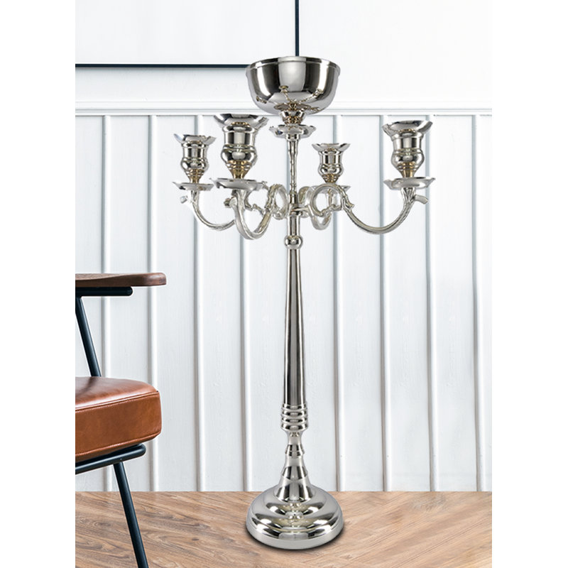 Alcott Hill® Silver Candelabra With Bowl – Elegant Nickel Finish, 4 Candle Holders & Floral Arrangement Bowl, Perfect For Weddings, Events & Home Decor, Table Centerpiece