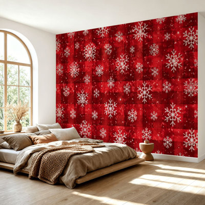 Wall Mural Peel and Stick Wallpaper Red Plaid White Snowflakes Glitter Accents Self-Adhesive Removable Contact Paper Wall Decor for Living Room Bedroom 69"H x 96"W