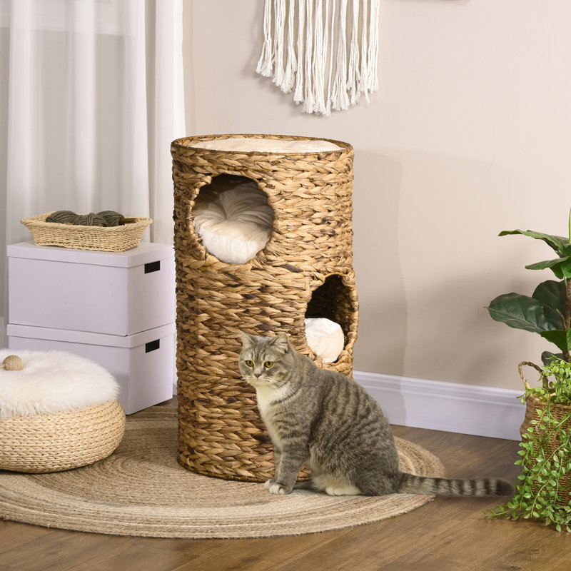 Lit pour chat surélevé avec trois cachettes cachées et quatre coussins confortables - Tour pour chat faite de matériaux tissés à la main Grottes multicouches pour chats