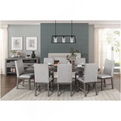 Rustic Design Dining Table 9Pc Set Gray Finish Table W Extension Leaf And 8X Fabric Upholstered Side Chairs Modern Dining Room Furniture