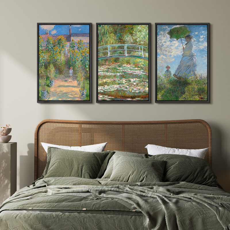 Claude Monet, art mural sur toile encadré jardin et paysage - ensemble impressionniste de 3 pour décoration intérieure classique