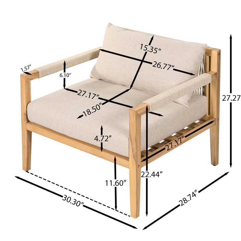 Sièges de loisirs en corde beige et bois avec une conception légère et confortable, une largeur spacieuse et des caractéristiques ergonomiques