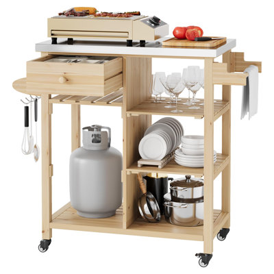 Table de barbecue en bois 300 lb avec plateau en acier inoxydable et station de préparation mobile 3 couches couleur bois massif