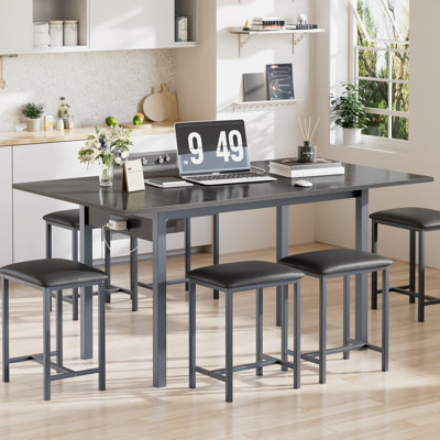 7 Pieces Dining Table Set For 4-6, Extendable Kitchen Table Set With 6 Dining Stools, Kitchen Table Set For Small Space