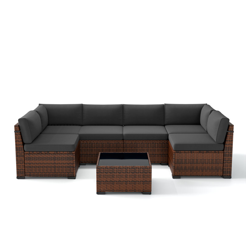 Treyshun 7 Piece Wicker Outdoor Modular Sectional Seating Group with Optional Fire Pit Table, No, Charcoal