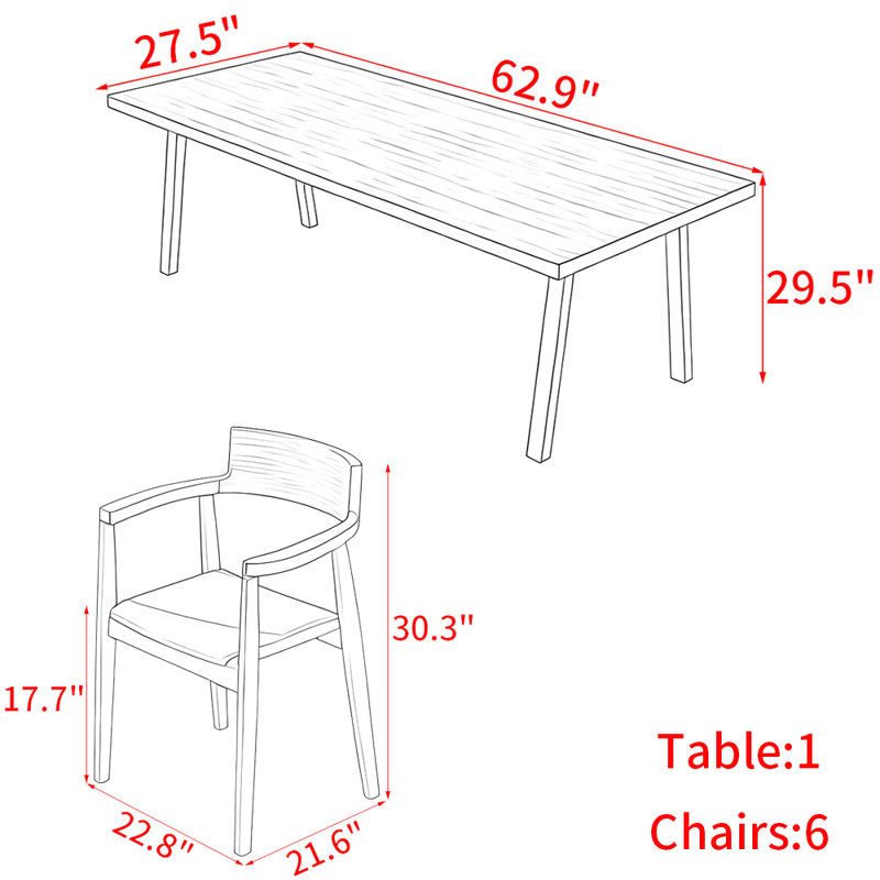 Ensemble de table de salle à manger en bois massif de style nordique, H 29,5 po x L 62,9 po x l 27,5 po