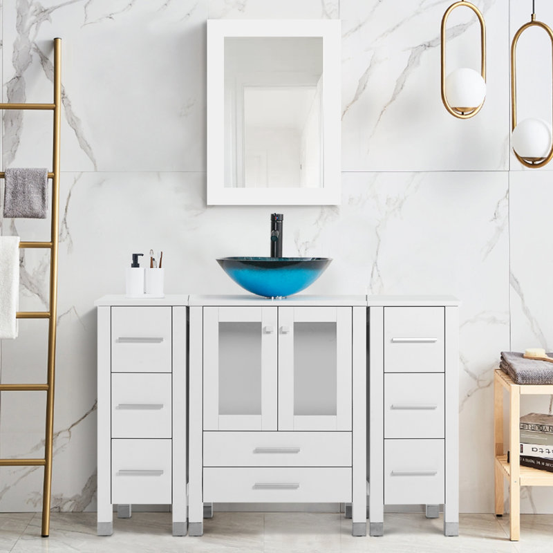 Meuble-lavabo simple 48 po avec plateau en bois Ghazanfar, lavabo vasque, robinet en alliage de zinc, pieds en bois massif