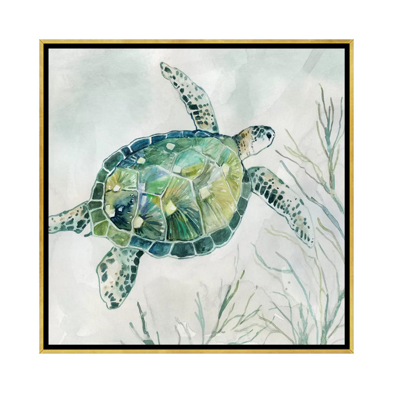 «Seaglass Turtle I» par Carol Robinson - reproduction, H 26 po x l 26 po x P 1,5 po, Toile encadrée d'or, Pas de tapis