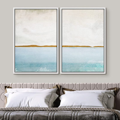 " Gold Blue Ocean Sea Beach Landscape " 3 - Pieces Painting Print