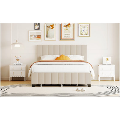 Grand lit plateforme tapissier en velours avec 2 tiroirs et 1 lit gigogne simple pour plus d'espace de rangement et de couchage
