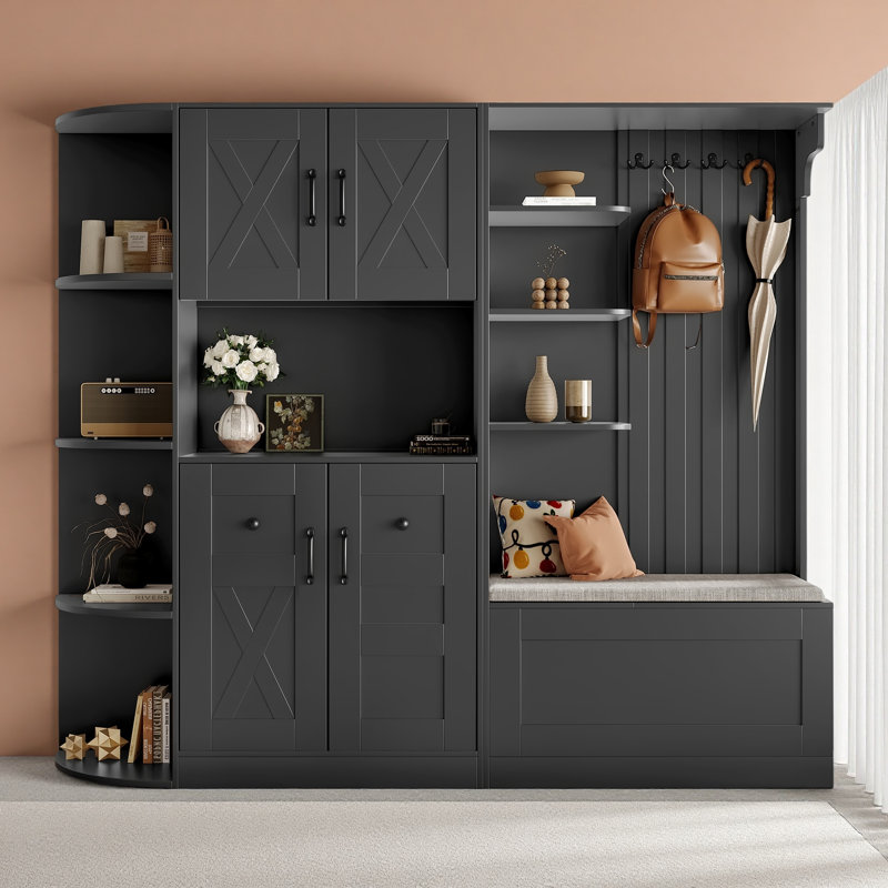 Multifunctional Left-Right Combination Hall Cabinet (Can Be Used Separately) With Storage And 4 Hooks, Storage Cabinet/ Hall Tree 2 In 1 For Living Room
