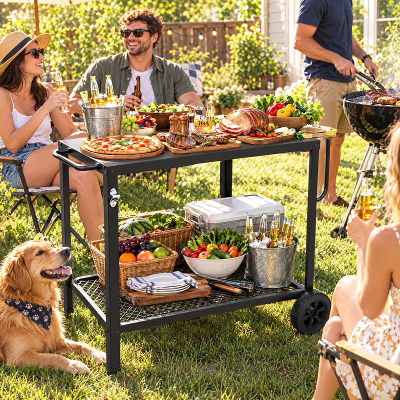 Mobile Outdoor Pizza Oven Stand, 2‑Tier Metal BBQ Prep Cart with Wheels, Paper Towel Holder, S‑Hooks and Bottle Opener for Backyard & Patio