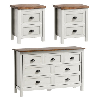 Ensemble de chambre à coucher 3 pièces, commode 7 tiroirs et 2 tables de chevet