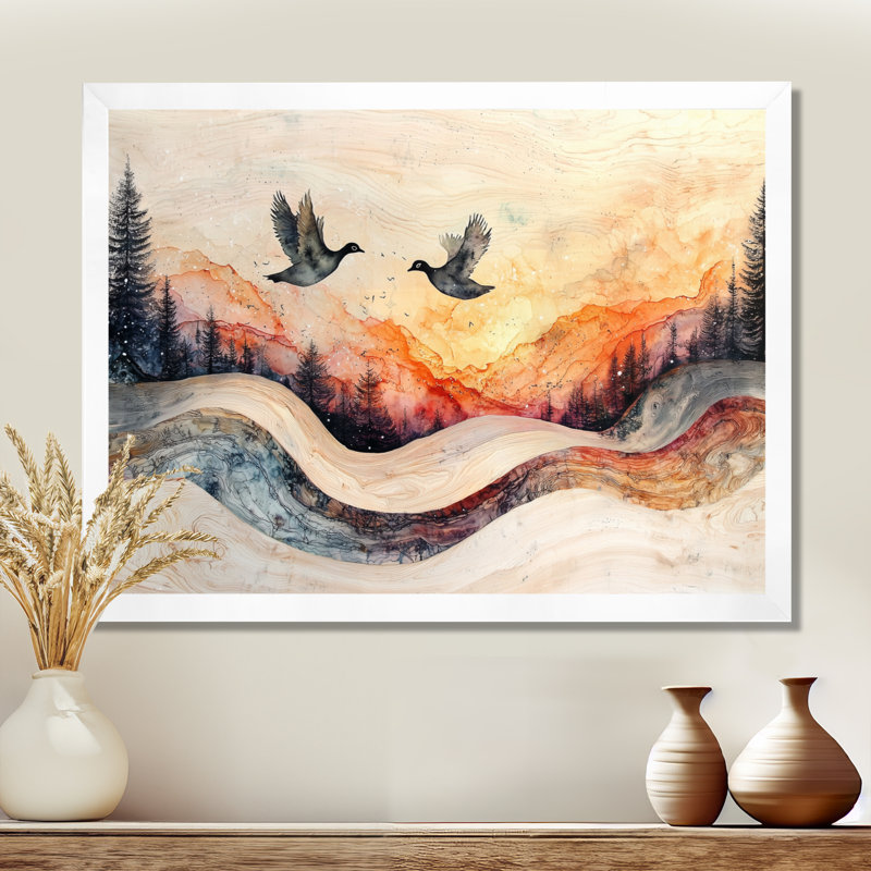 «Goose Animals Into A Winter Horizon III» - Décoration murale oie, Cadre simple, H 16 po x l 32 po, Blanc