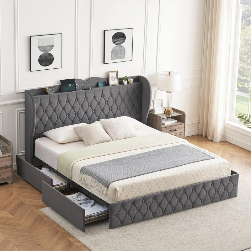 Inha Upholstered Metal Wingback Bed, King