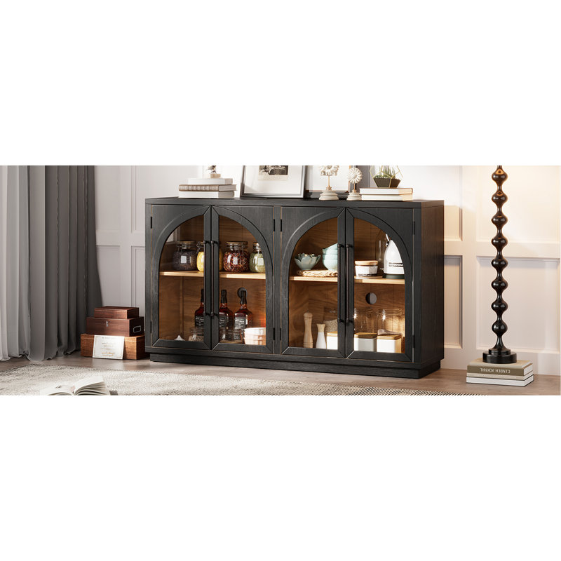 4-Door Large Storage Sideboard Buffet Cabinet With Glass Doors, Arched Cabinet With Adjustable Shelves For Kitchen, Dining Room And Living Room