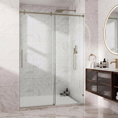Porte de douche coulissante sans cadre 74"-79" L x 76" H en pellicule incassable avec verre trempé de 3/8" (10 mm) et roulettes silencieuses