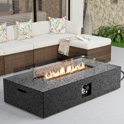 56"W Outdoor Concrete Propane Fire Pit Table With Glass Wind Guard