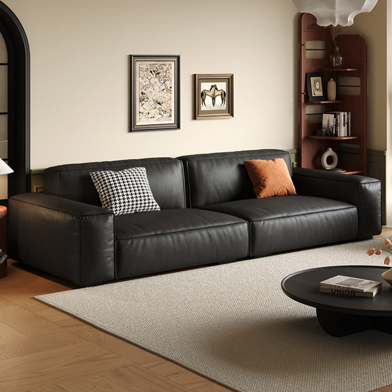 Black Genuine Leather Modular Sofa cushion couch, 27.56" H x 109.45" W x 37.01" D, Black