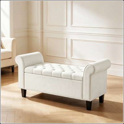 Banc de rangement touffeté de 47 pouces avec accoudoirs roulés, repose-pieds pour l'extrémité du lit, charnière de sécurité et pieds en bois massif
