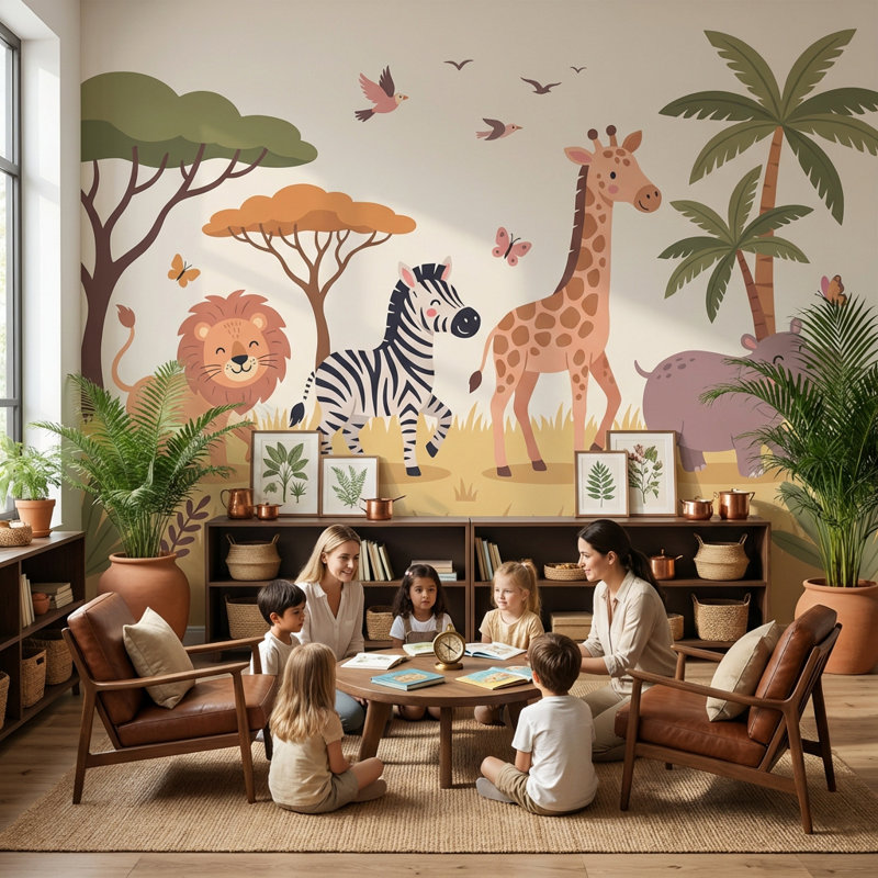 Papier peint animaux Safari, 100 po x 96 po, Peler et coller