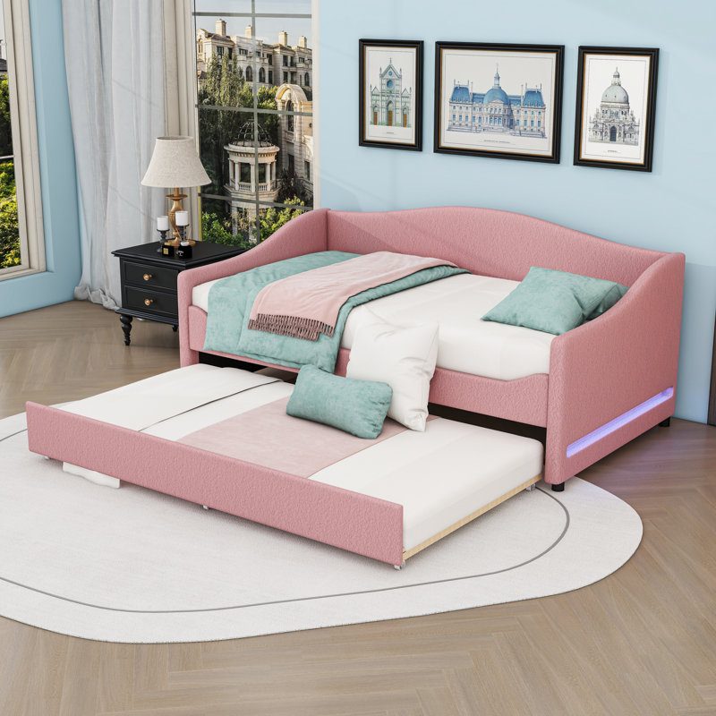 Upholstered Daybed with Trundle and LED Lights, Twin, Pink
