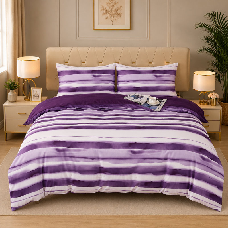 Complete Bedding Set Bliss Stripe Purple Duvet Cover, Matching Fitted Sheet & Pillowcases, Single