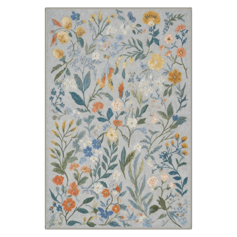 Eden Floral Blue Machine Washable Indoor Area Rug With Non-Slip Backing, Round 5'