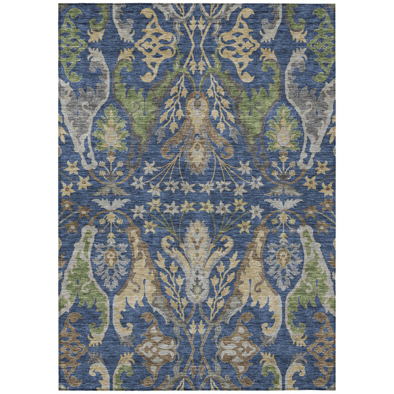 Navy and Beige Synthetic Washable Rectangular Area Rug 3' x 5'