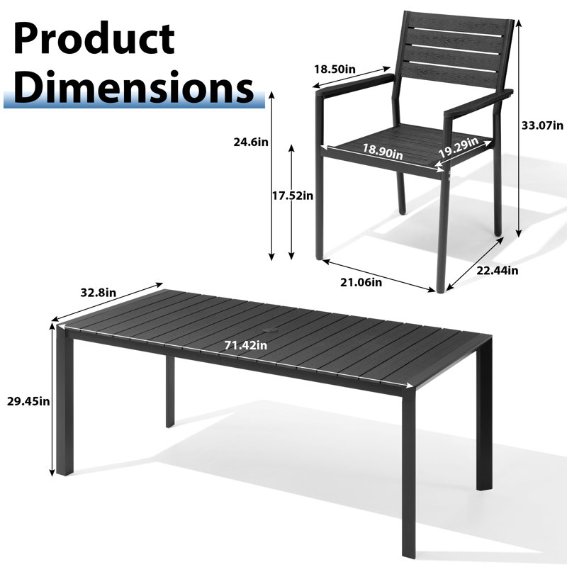 6 - Person 71‘’ L  Aluminum Patio Dining Set With Stackable Chairs And Umbrella Hole, Black