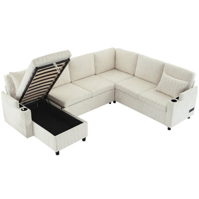 Canapé modulaire 109,9 po Canapé-lit polyvalent avec canapé-lit en U avec grand espace de rangement, deux porte-gobelets et ports de chargement pour le salon, gris