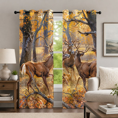 Lot de 2 rideaux à œillets imprimés d'une majestueuse scène de forêt avec des cerfs, style réaliste, motif faune sauvage et chasse, pour la décoration de votre salon, chambre ou autre pièce.