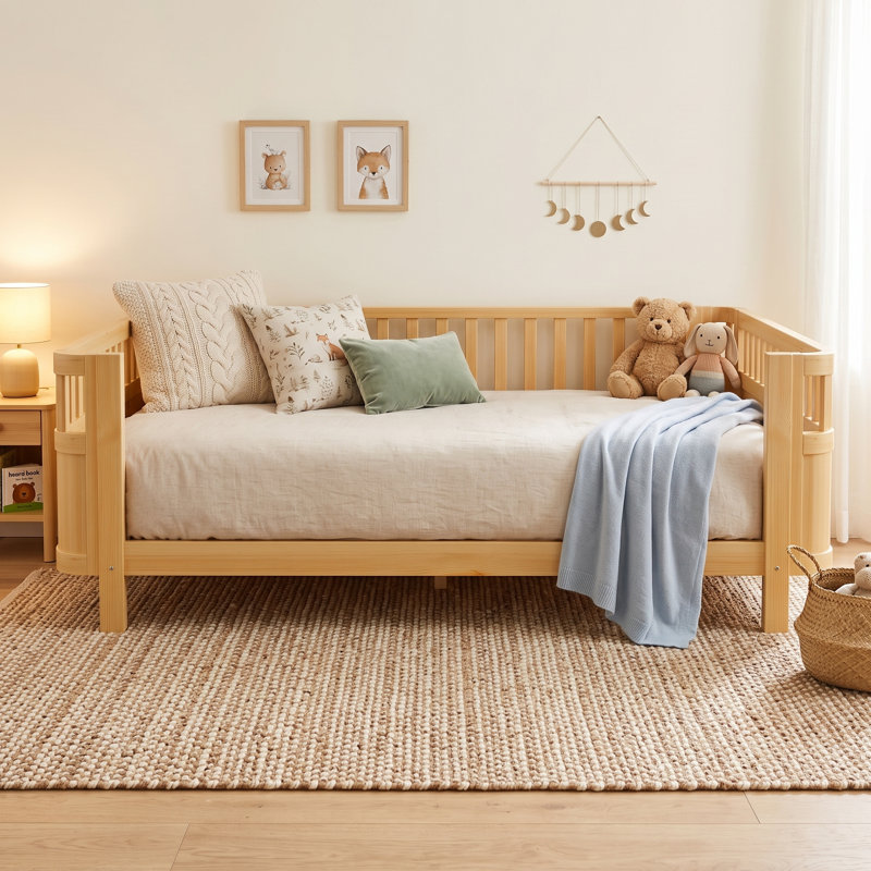 Low Profile Kids Platform Bed with Safety Rails, Removable Guardrail Toddler Bed Frame, Wood Slat Support, Natural, Queen