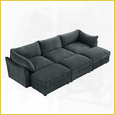 Canapé de salon moderne en chenille 3 places avec 3 repose-pieds - siège large et profond avec tiroirs de rangement sous le siège