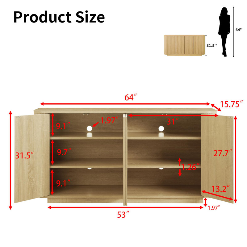 64" Modern Fluted Sideboard Buffet Cabinet - Storage Credenza, Natural/Natural