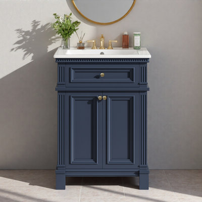 Armoire de salle de bain 24 po Vintage Elegance avec portes à fermeture douce et tablette réglable, meuble-lavabo avec lavabo en céramique