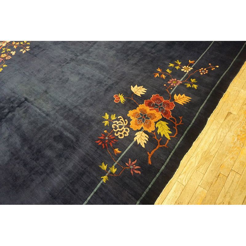 Navy Blue Color Field Antique Floral Pattern Chinese Deco Rug