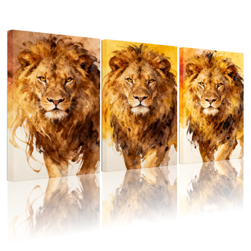 Animaux, lion, aquarelle, ensemble de 3 impressions sur toile