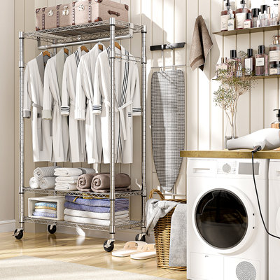 Portant à vêtements robuste à 3 niveaux avec tringle à vêtements réglable avec tringles et crochets latéraux, porte-vêtements avec roulettes P 15,7 po x l 29,5 po x H 74,5 po