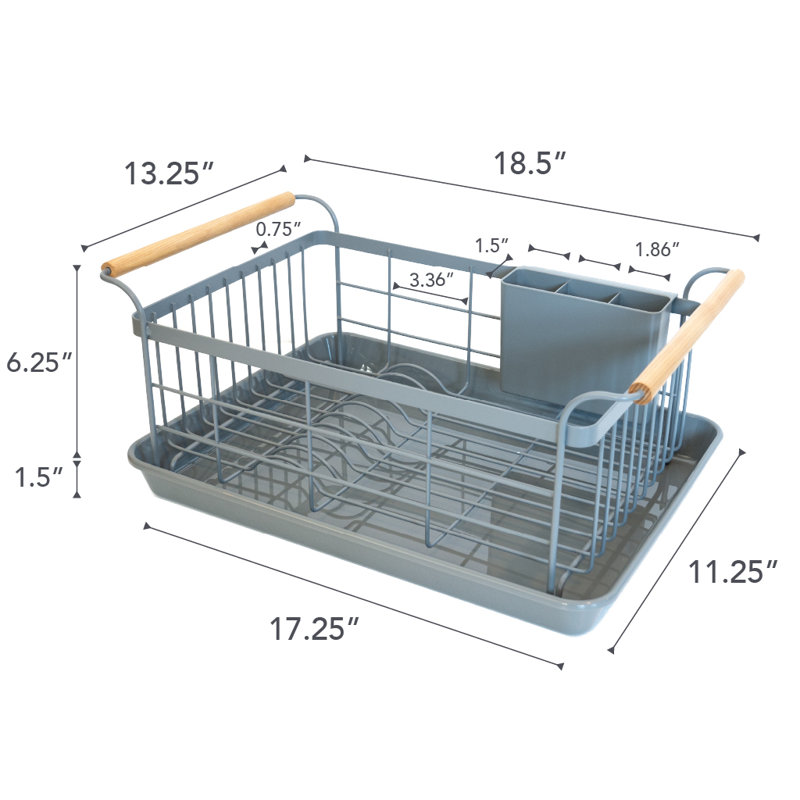 Gray Steel Dish Drainer Rack with Wood Handles and Utensil Cup